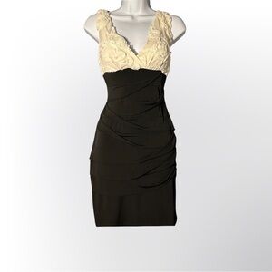 Cream 3D Rose top with black layered wrap midi skirt